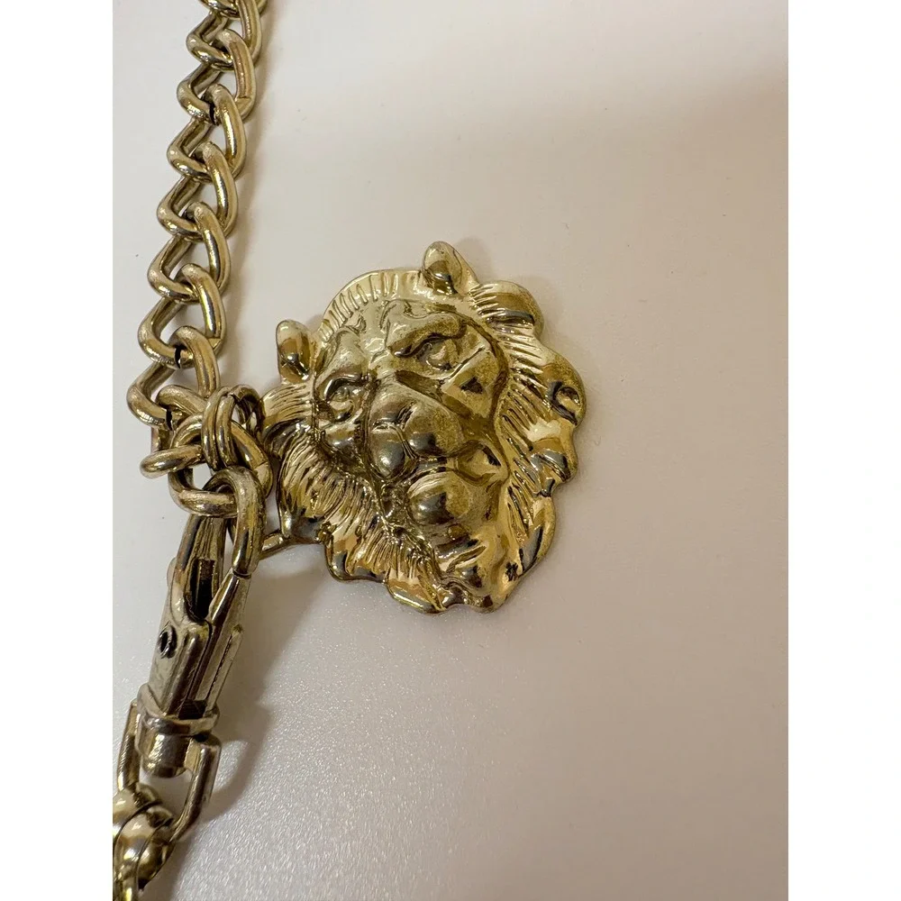 Vintage Gold Tone Lion Head Medallion Chain Belt Necklace Hammered Coin  36in
